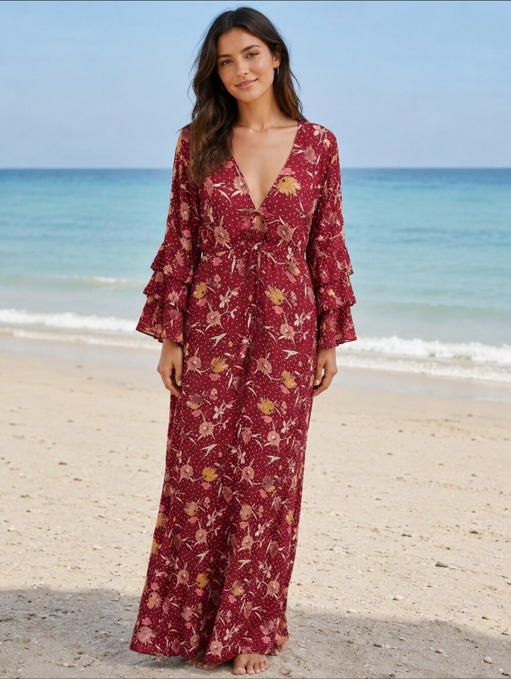 Tiare Hawaii Womens Burgundy Floral Maxi Dress S/M/L One Size Bell Sleeve
